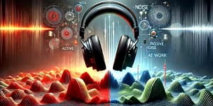 Pair of modern headphones surrounded by a visualisation of sound cancellation - science of noise cancellation