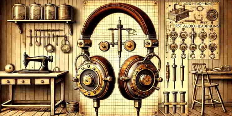 An impression of the first audio headphones invented by Nathaniel Baldwin in the early 20th century - vintage headphones
